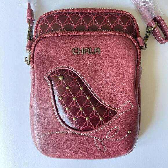 Chala Handbags - Chala Red Bird RFID Purse Crossbody Oxblood Red Small Travel Bag Long Strap